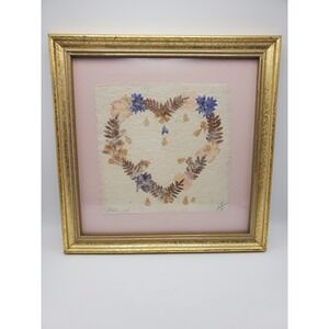 Vintage 1997 Interia Signed "Wildflowers" Framed Pressed Flower Heart Art